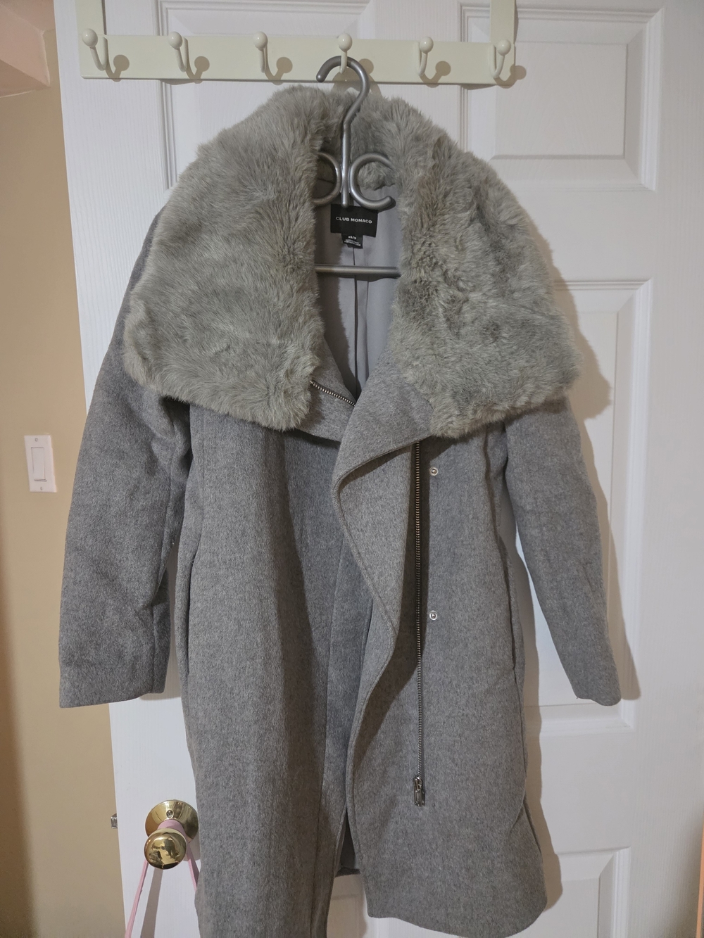 Club Monaco Gray Wool Trench Coat with Faux Fur Collar